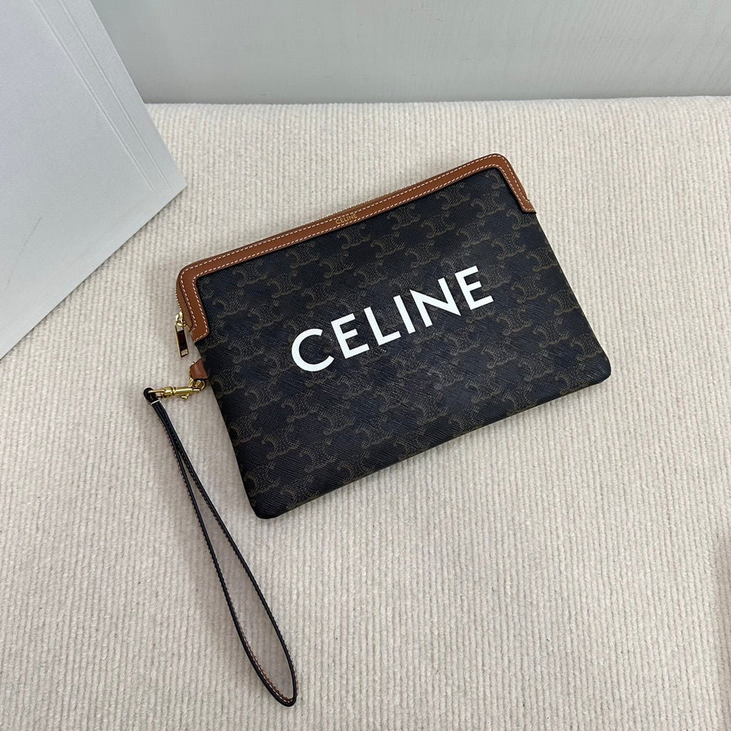 SMALL POUCH 25 IN BLACK TRIOMPHE CANVAS AND BROWN CALFSKIN WITH CELINE PRINT