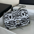 FLAP BAG 20 IN BLACK AND WHITE SEQUINS SILVER HARDWARE