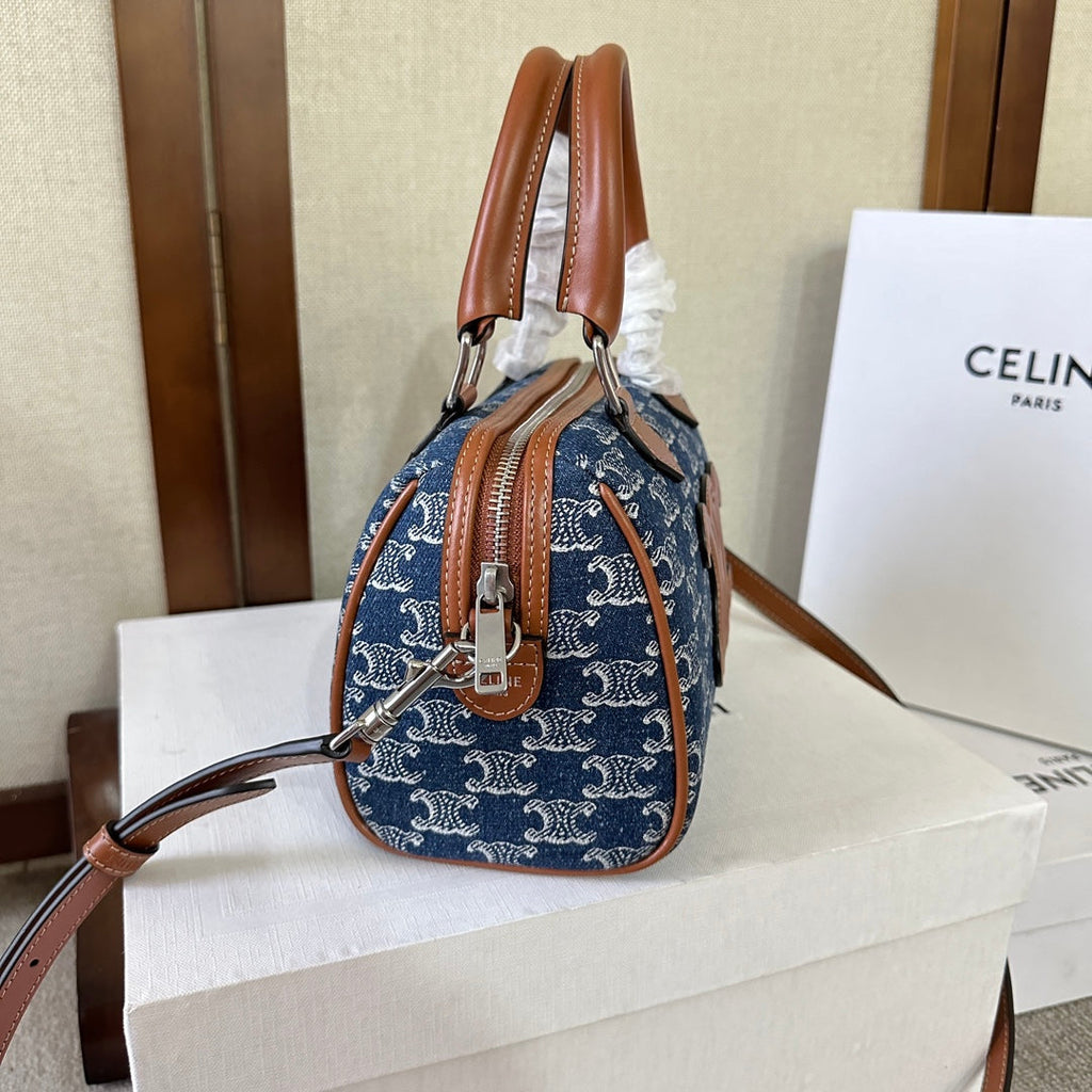 SMALL BOSTON 19 IN SPACE BLUE TRIOMPHE DENIM AND BROWN CALFSKIN TRIM