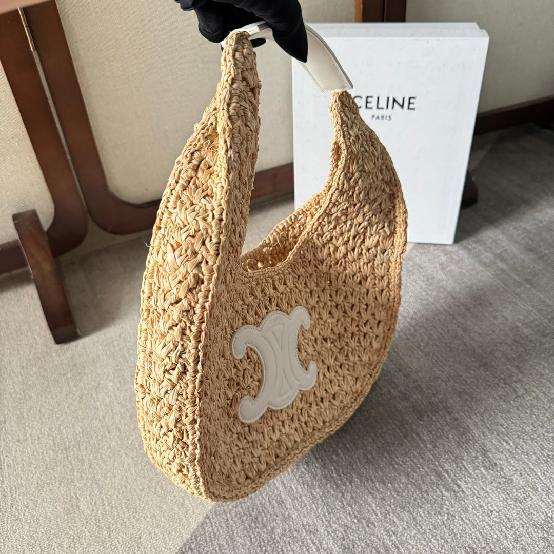 CELINE PANIER HOBO BAG 33 IN RAFFIA AND CALFSKIN LOGO WHITE