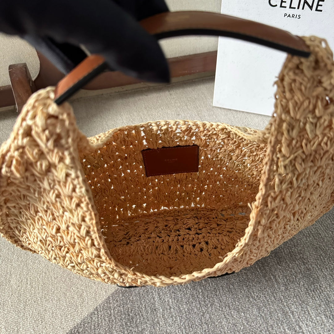 CELINE PANIER HOBO BAG 33 IN RAFFIA AND CALFSKIN LOGO BROWN