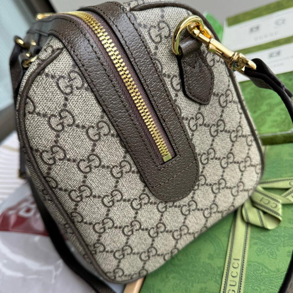 OPHIDIA LARGE BOSTON BAG 31 IN BEIGE EBONY GG BROWN CALFSKIN TRIM
