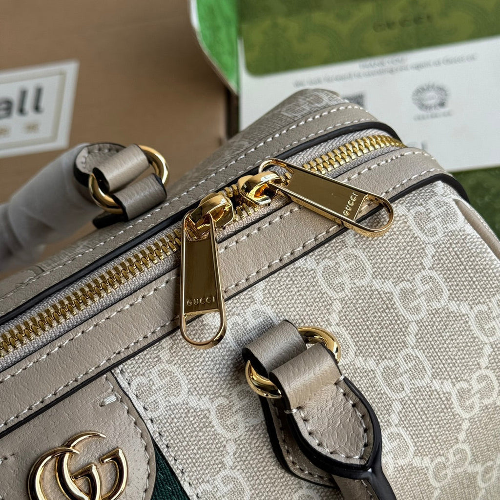 OPHIDIA SMALL TOP HANDLE BAG 26 IN BEIGE WHITE CANVAS AND OAT CALFSKIN TRIM GOLD HARDWARE