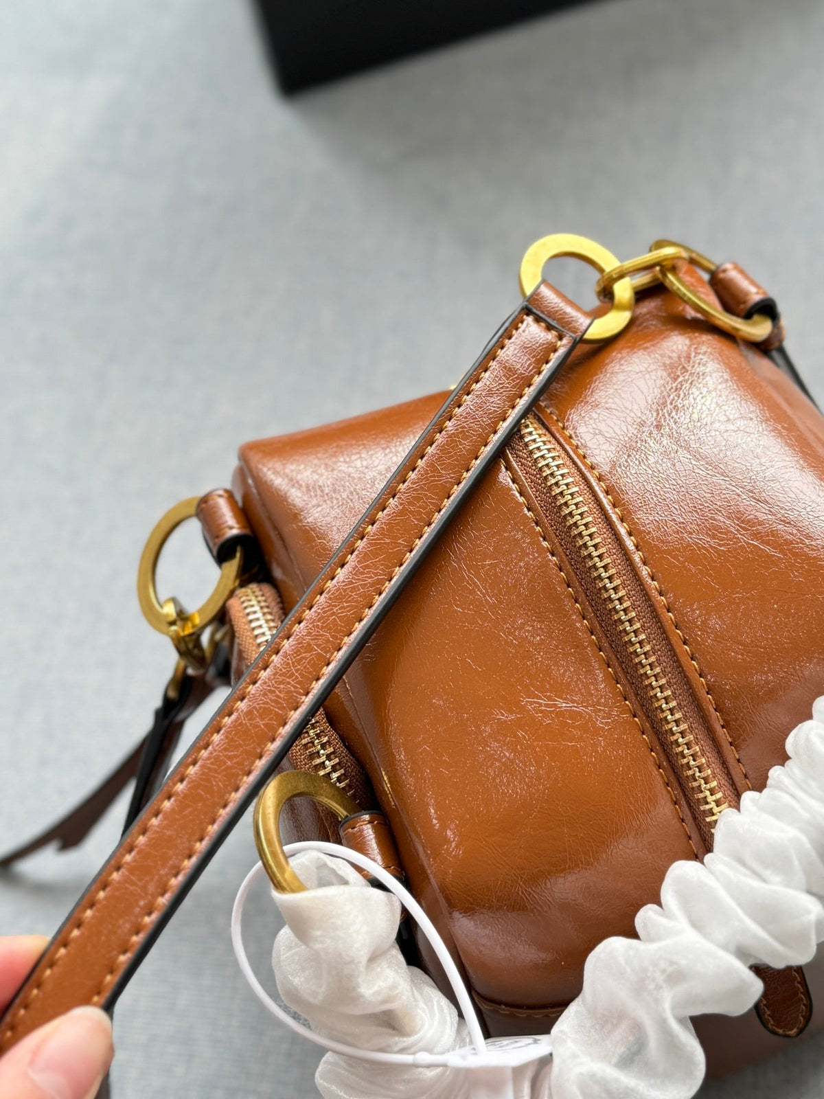 DANGLE TOP HANDLE MINI BAG 15 IN BROWN PATENT CALFSKIN