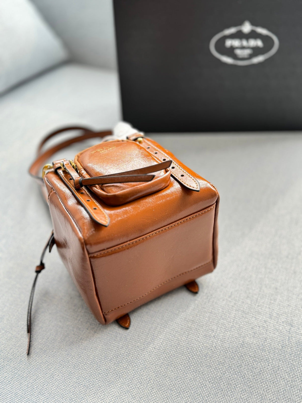 DANGLE TOP HANDLE MINI BAG 15 IN BROWN PATENT CALFSKIN