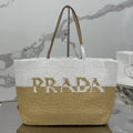 LARGE TOTE BAG 37 IN WHITE MIX BEIGE RAFFIA AND BROWN CALFSKIN HANDLE