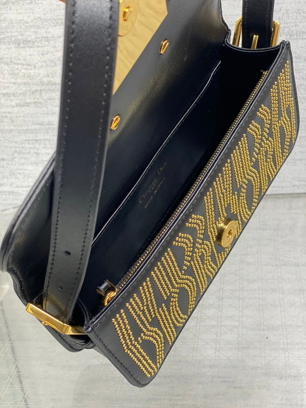 MINI FLAP BAG 18 IN BLACK LAMBSKIN WITH GOLD RHINSTONES