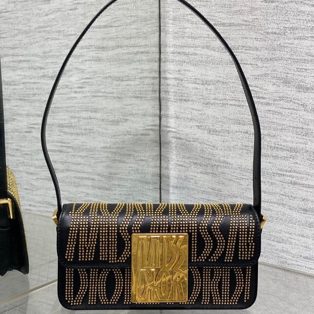MINI FLAP BAG 18 IN BLACK LAMBSKIN WITH GOLD RHINSTONES