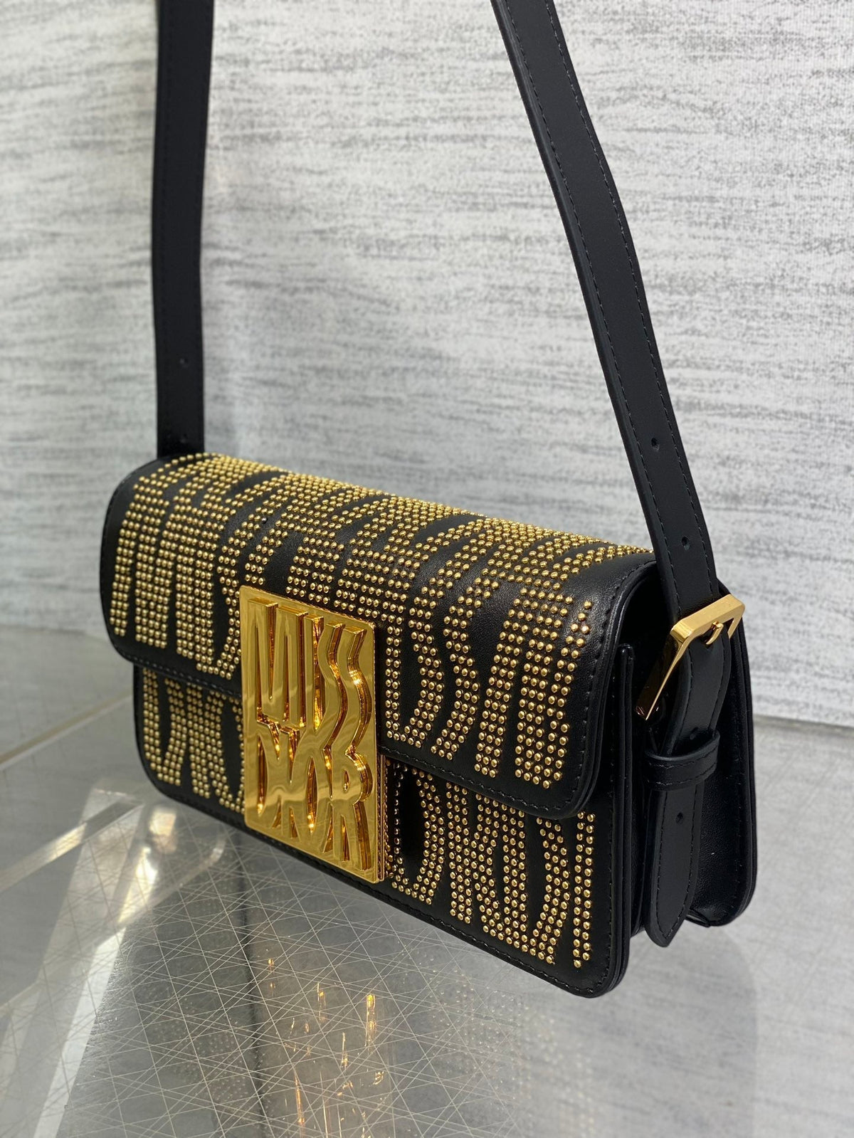 MINI FLAP BAG 18 IN BLACK LAMBSKIN WITH GOLD RHINSTONES