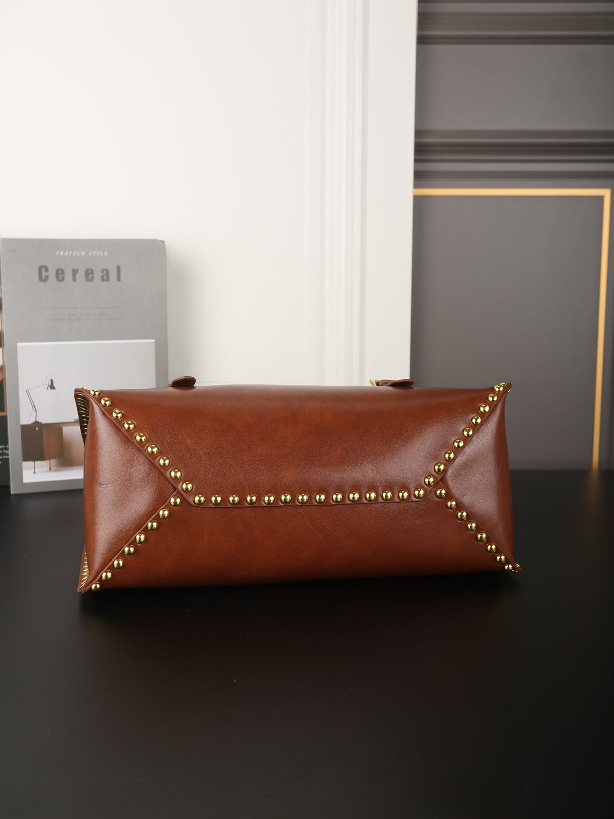 STUDDED BRIEFCASE 34 IN BROWN SHINY SMOOTH CALFSKIN