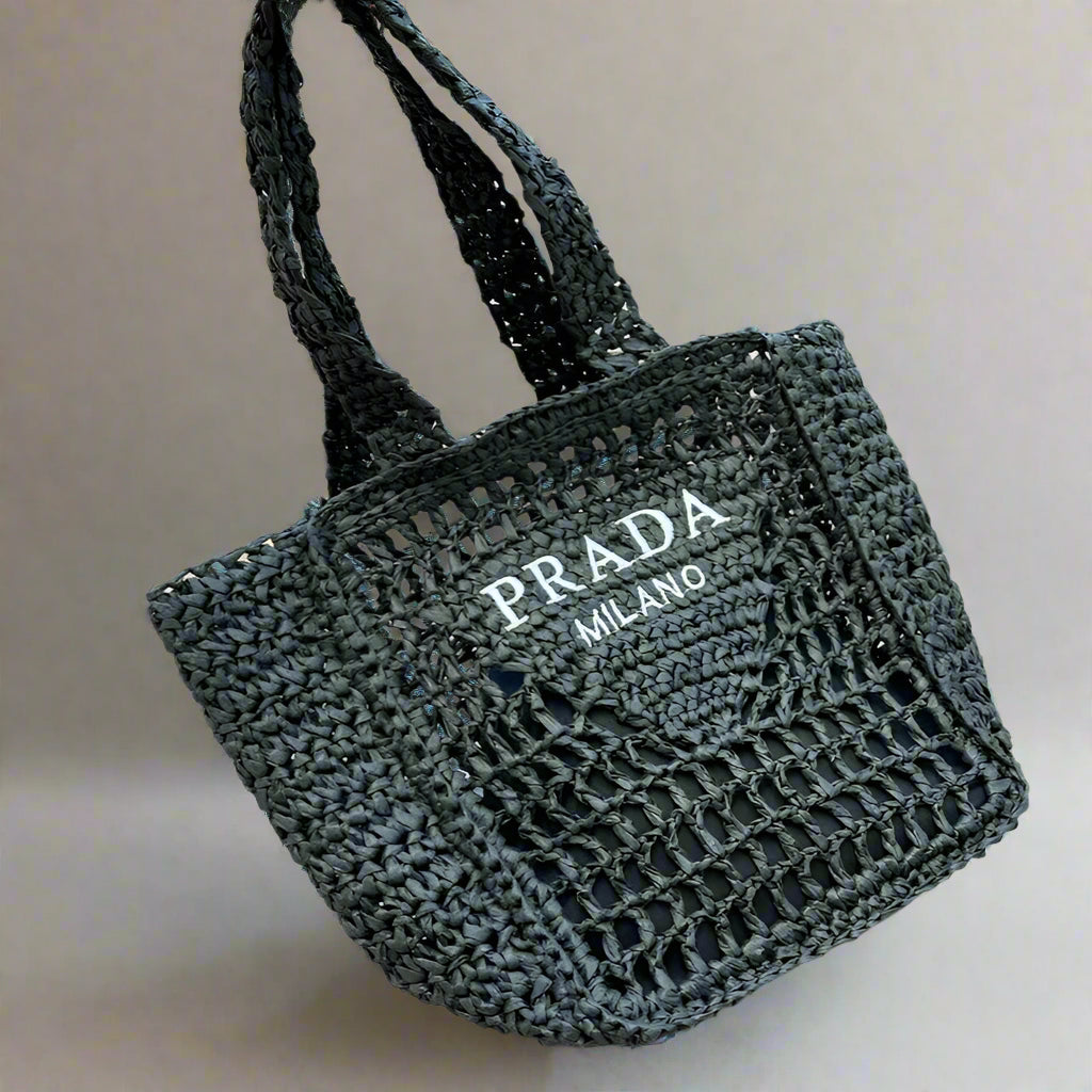 WHITE EMBROIDED LOGO TOTE BAG 22 IN BLACK WOVEN RAFFIA