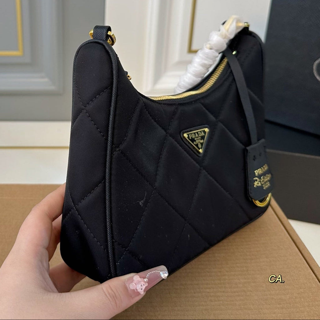 QUILTED HOBO SHOULDER BAG 22 IN BLACK RE-NYLON GOLD HARDWARE