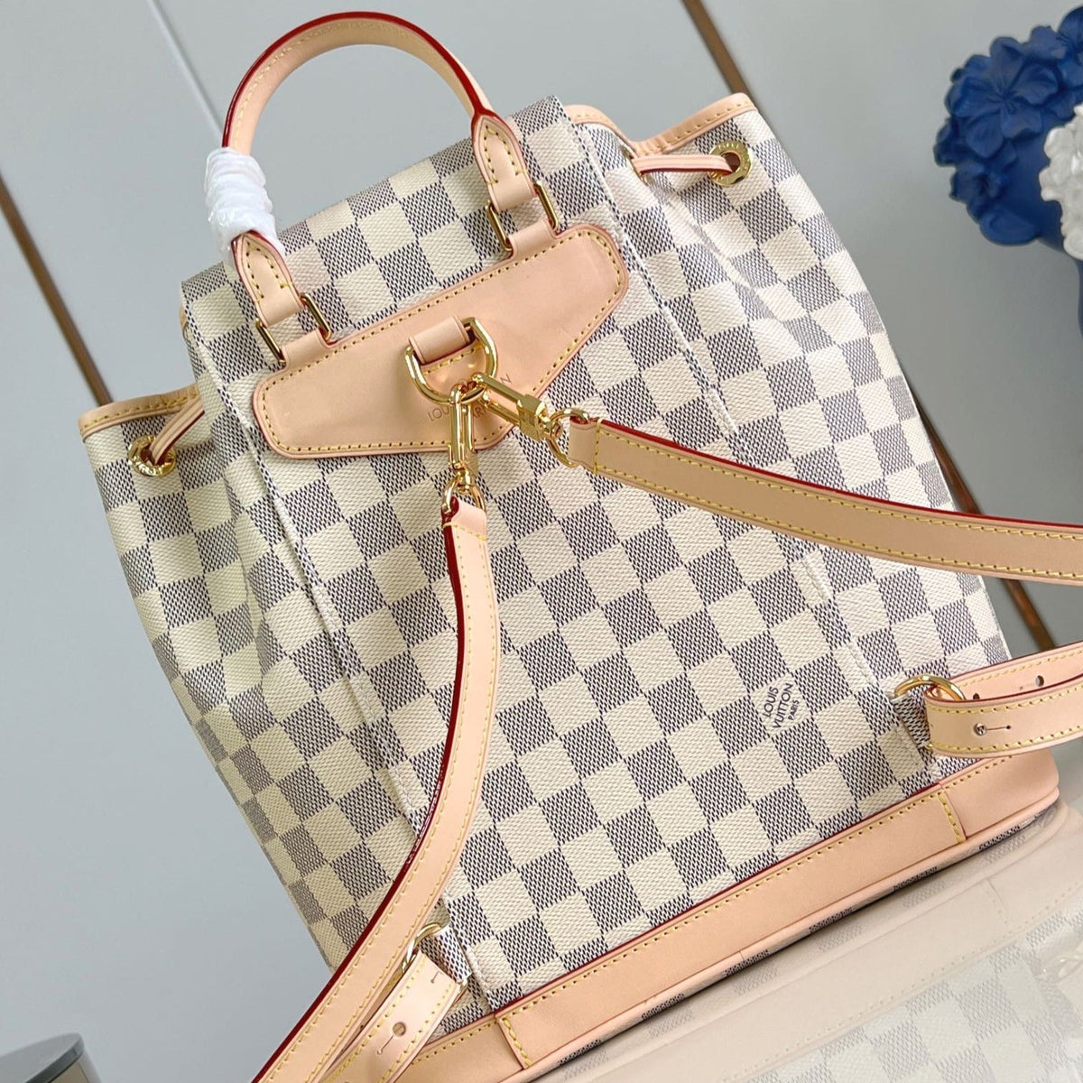 MONTSOURIS BACKPACK PM 30 IN WHITE GREY CHECKERBOARD PATTERN DAMIER AZUR COATED CANVAS