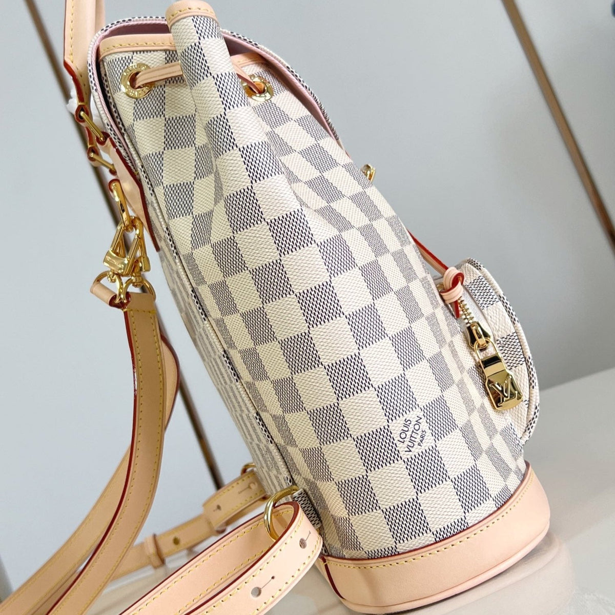 MONTSOURIS BACKPACK PM 30 IN WHITE GREY CHECKERBOARD PATTERN DAMIER AZUR COATED CANVAS