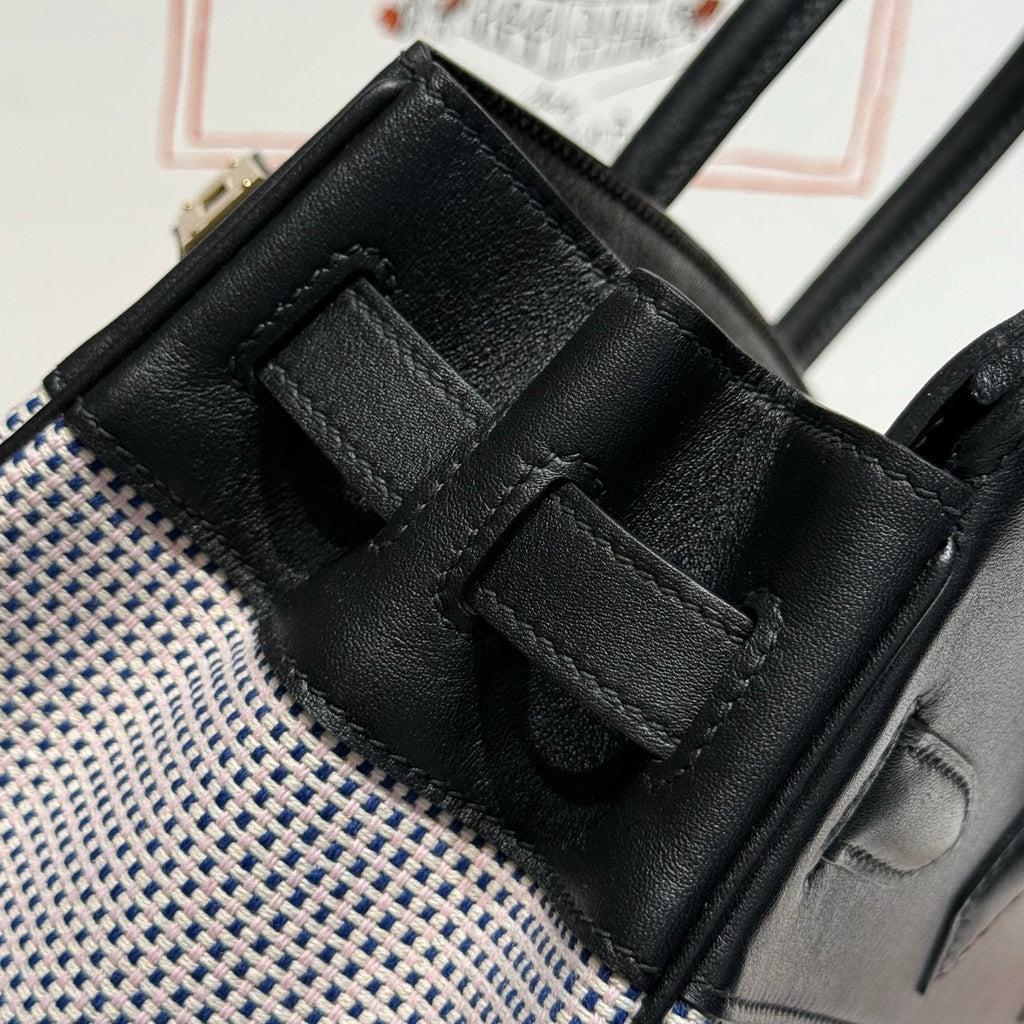 QUADRILLE BIRKIN 30CM IN BLACK SWIFT CALFSKIN WHITE BLUE PINK PLAID TOILE CANVAS