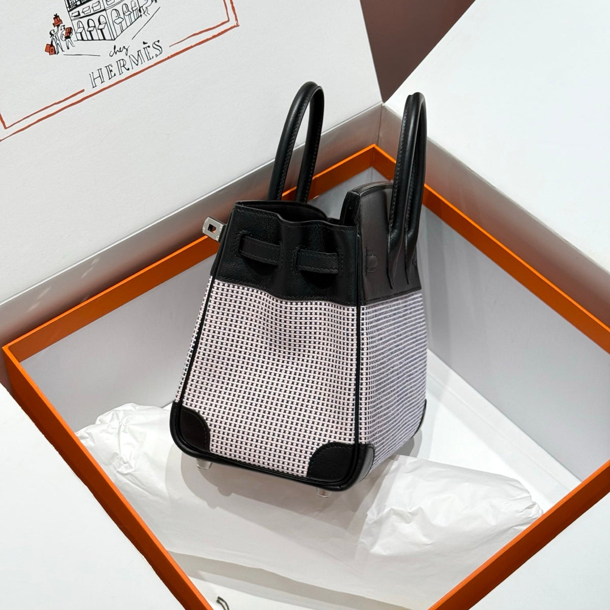QUADRILLE BIRKIN 25CM IN BLACK SWIFT CALFSKIN WHITE BLUE PINK PLAID TOILE CANVAS