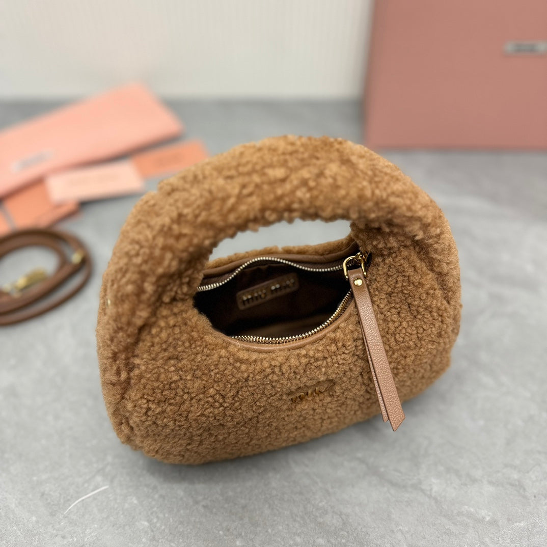 WANDER MINI HOBO BAG 18 IN BROWN SHEARLING
