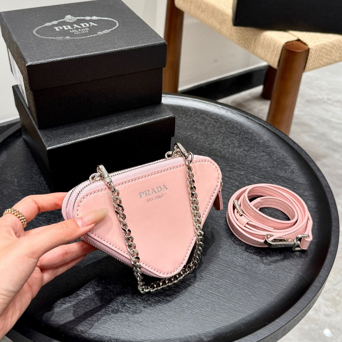 STUDDED CRYSTAL TRIANGLE 15 SHOULDER BAG IN PINK CALFSKIN