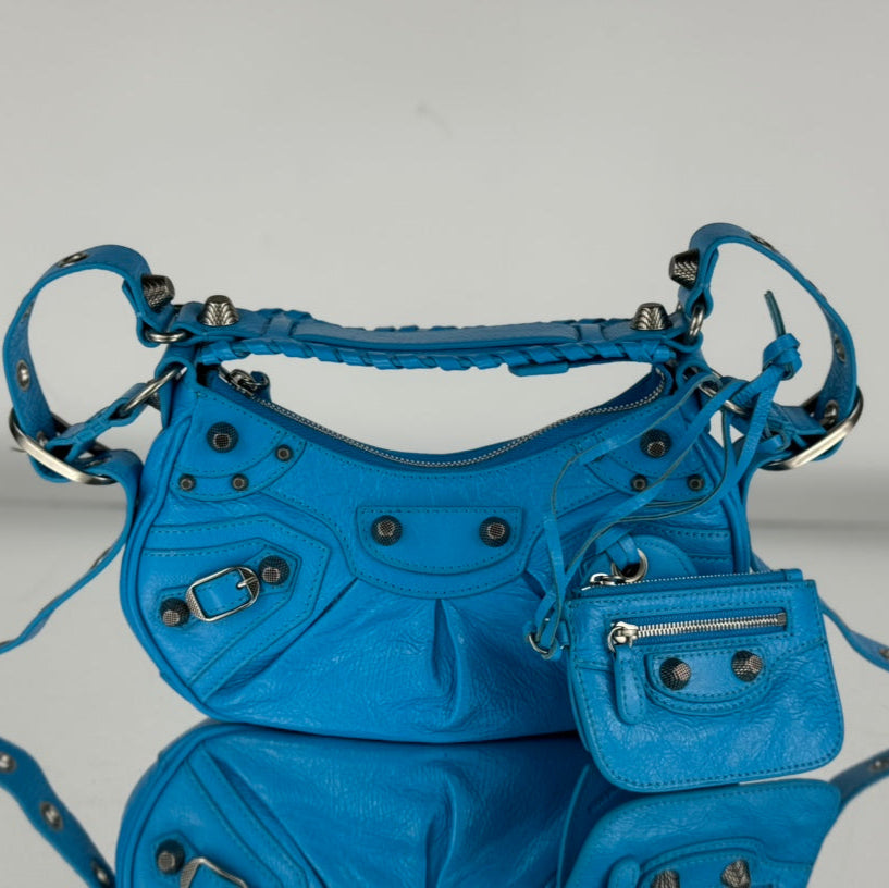 LE CAGOLE SMALL SHOULDER BAG 26 WITH RHINESTONES IN DODPER BLUE LAMBSKIN