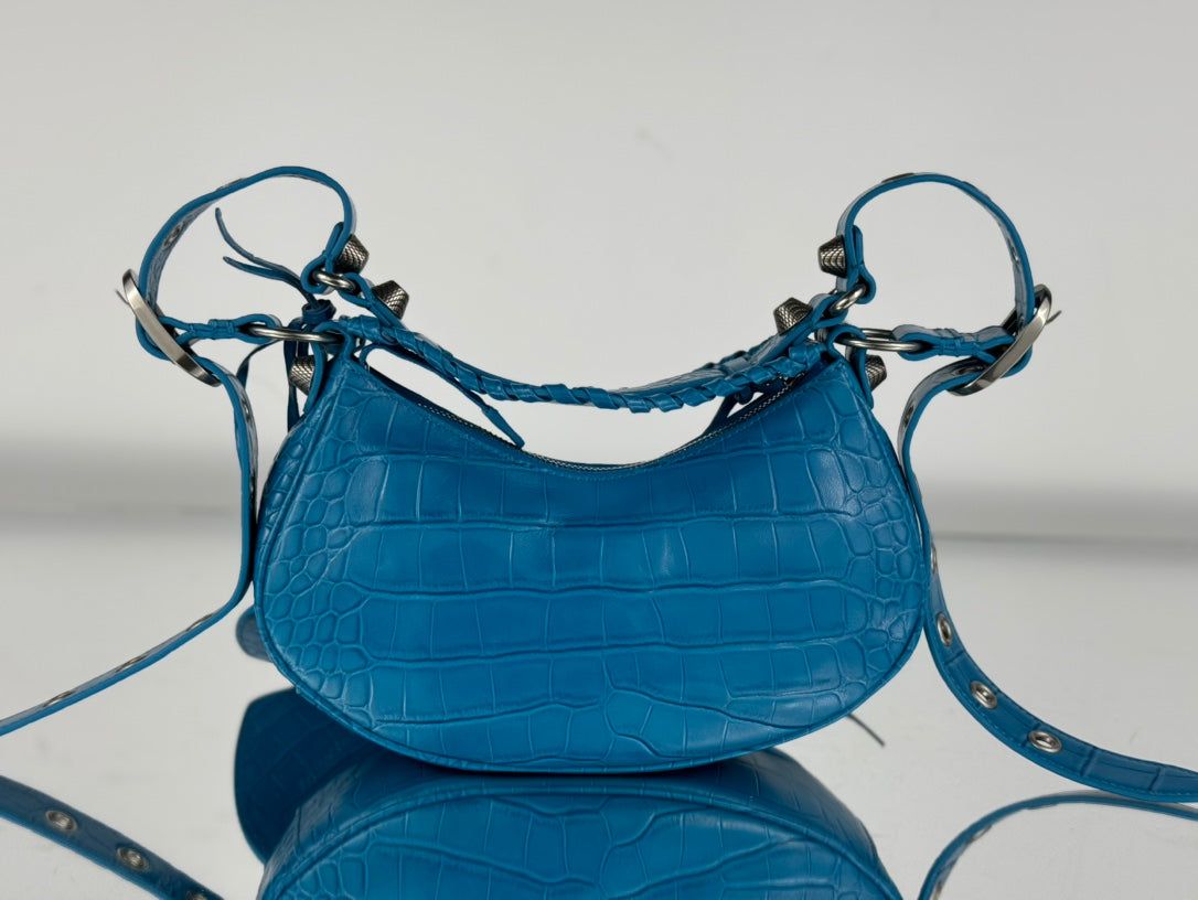 LE CAGOLE SMALL SHOULDER BAG 26 WITH RHINESTONES IN DODPER BLUE CROCODILE EMBOSSED CALFSKIN