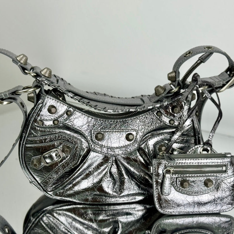 LE CAGOLE SMALL SHOULDER BAG 26 WITH RHINESTONES IN SILVER METALLIC ARENA LAMBSKIN