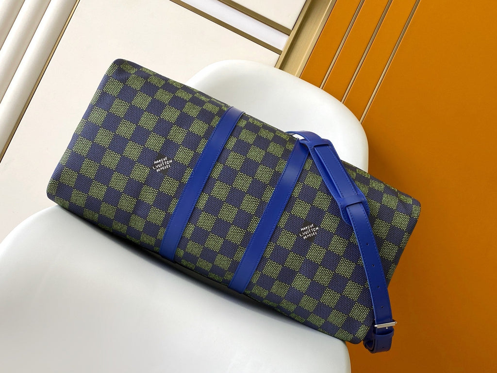 KEEPALL BANDOULIÈRE 50 IN BLUE GREEN DAMIER HERITAGE COATED CANVAS