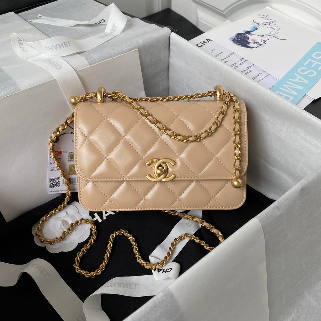 CC MINI 19 FLAP BAG IN DARK BEIGE CALFSKIN GOLD HARDWARE