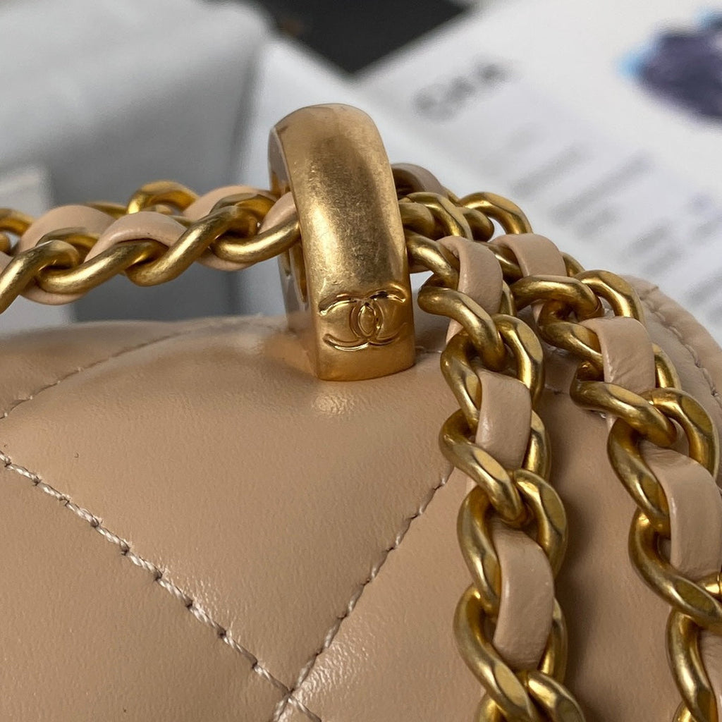 CC MINI 19 FLAP BAG IN DARK BEIGE CALFSKIN GOLD HARDWARE