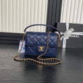RETRO STYLE FLAP BAG 19 IN NAVY BLUE GRAINED CALFSKIN GOLD HARDWARE