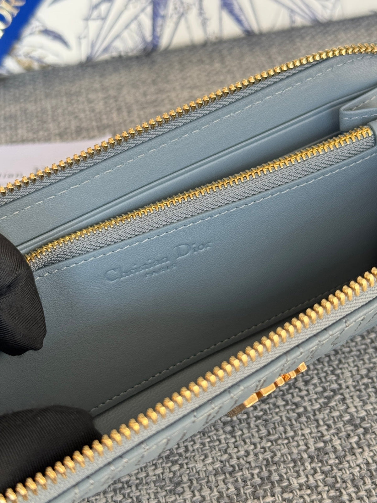 VERTICAL LONG ZIP WALLET 20 IN BABY BLUE QUILTED ALLOVER CALFSKIN
