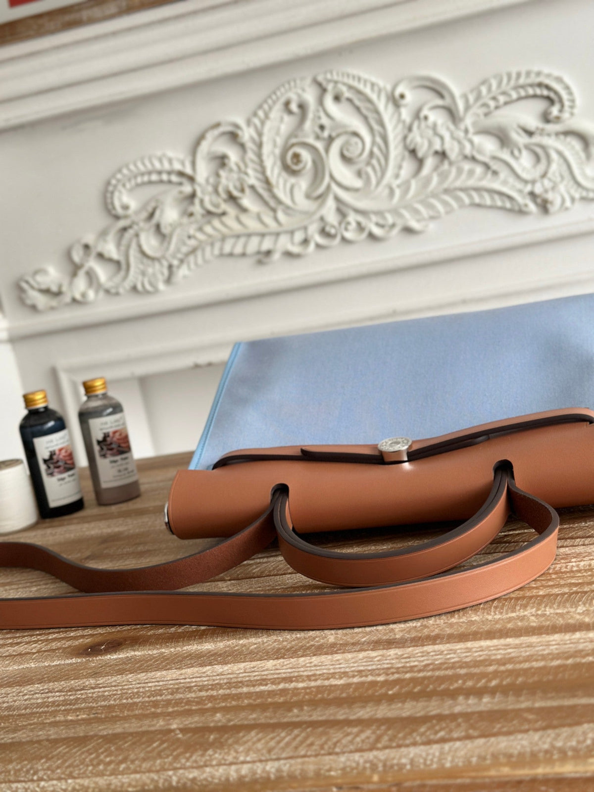 ZIP CABINE 31 BAG IN LIGHT BLUE CANVAS AND BRONZE BROWN CALFSKIN