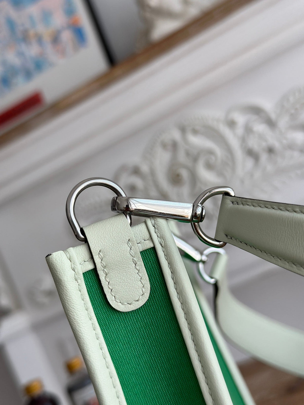 MINI NEO 17 EVELYNE BAG IN EMERALD GREEN CANVAS AND WHITE CALFSKIN
