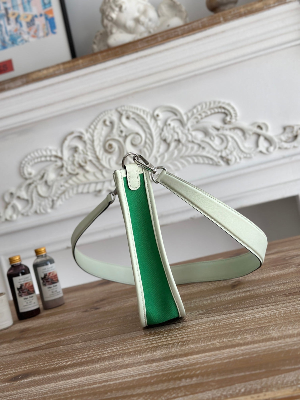 MINI NEO 17 EVELYNE BAG IN EMERALD GREEN CANVAS AND WHITE CALFSKIN