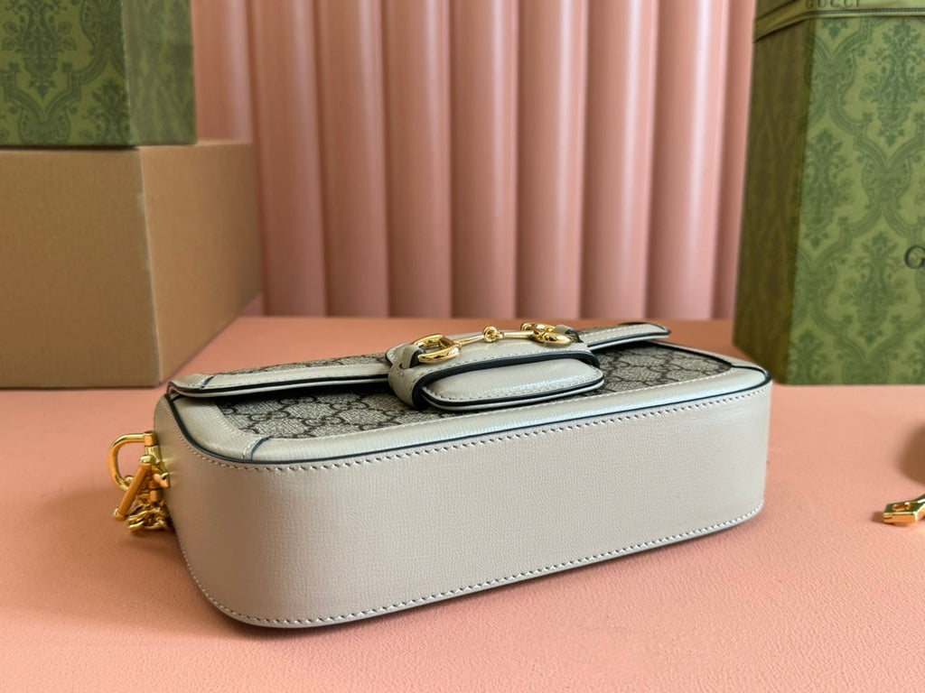 GG HORSEBIT 1955 BAG 24 IN BEIGE CANVAS AND WHITE CALFSKIN