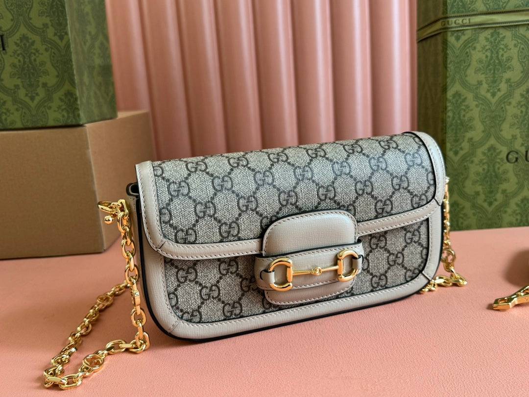 GG HORSEBIT 1955 BAG 24 IN BEIGE CANVAS AND WHITE CALFSKIN