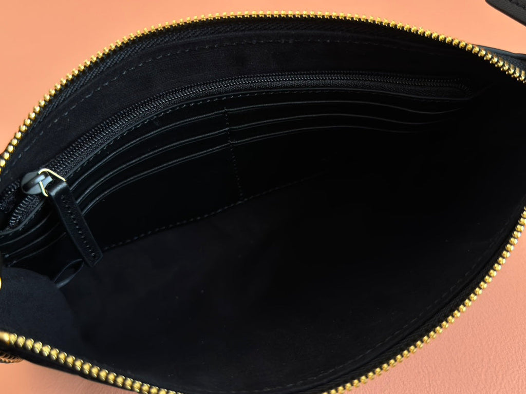 RUBBER EFFECT SMALL WALLET ON CHAIN 22.5 IN BLACK CALFSKIN