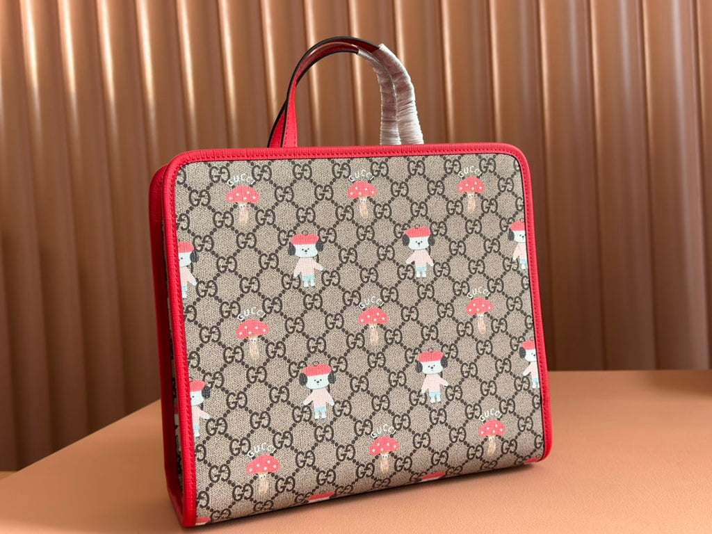 CHILDREN'S PRINTED DOG TOTE BAG 28.5 IN BEIGE AND DARK BROWN GG CANVAS RED TRIM