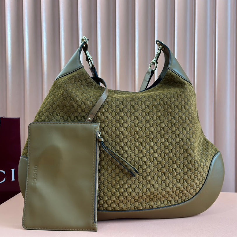 B LARGE SHOULDER BAG 49 IN SEAWEED GREEN GG EMBOSSED SUEDE