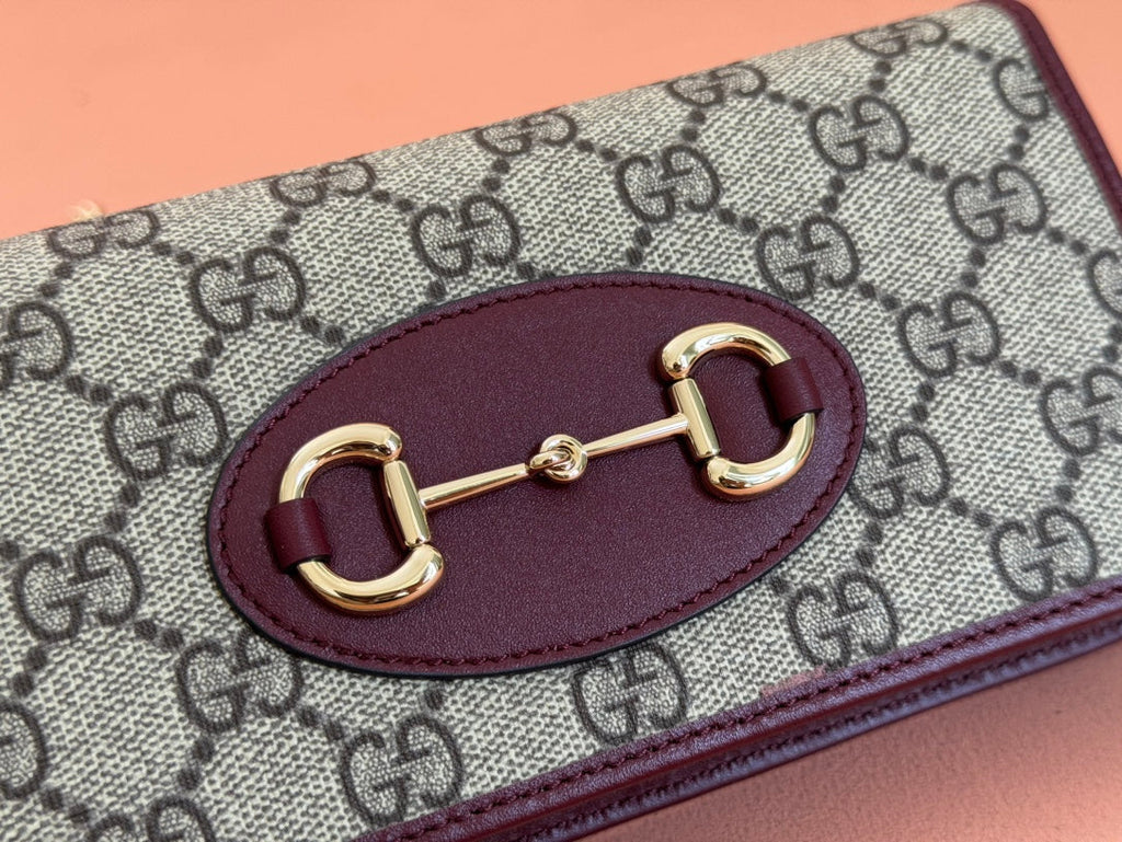 HORSEBIT 1955 WALLET ON CHAIN 19 IN BEIGE DARK BROWN NEW GG AND ROSSO ANCORA RED CALFSKIN