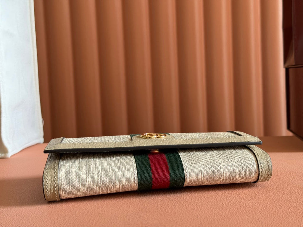 OPHIDIA WALLET ON GOLD CHAIN 19 IN LIGHT BEIGE GG CANVAS AND LIGHT BROWN CALFSKIN