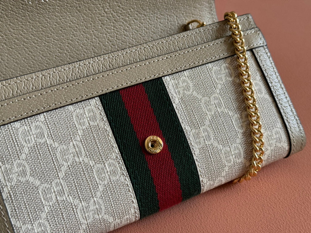 OPHIDIA WALLET ON GOLD CHAIN 19 IN LIGHT BEIGE GG CANVAS AND LIGHT BROWN CALFSKIN
