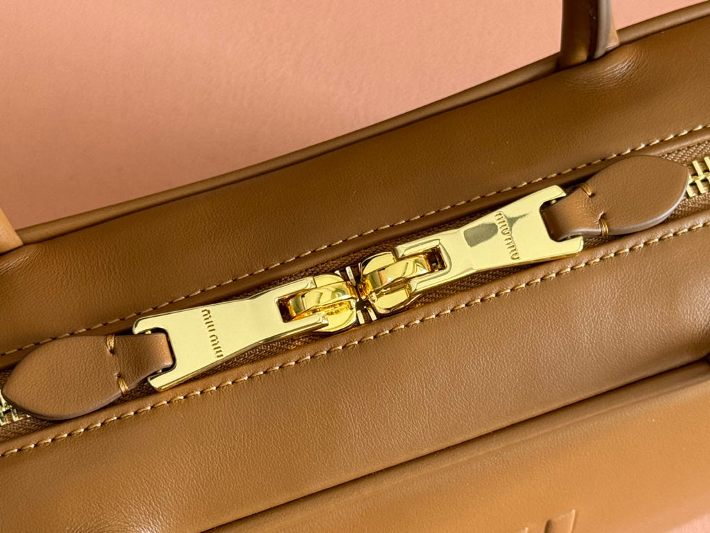 BEAU TOP HANDLE BAG 29 IN TAWNY BROWN GLOSSY CALFSKIN