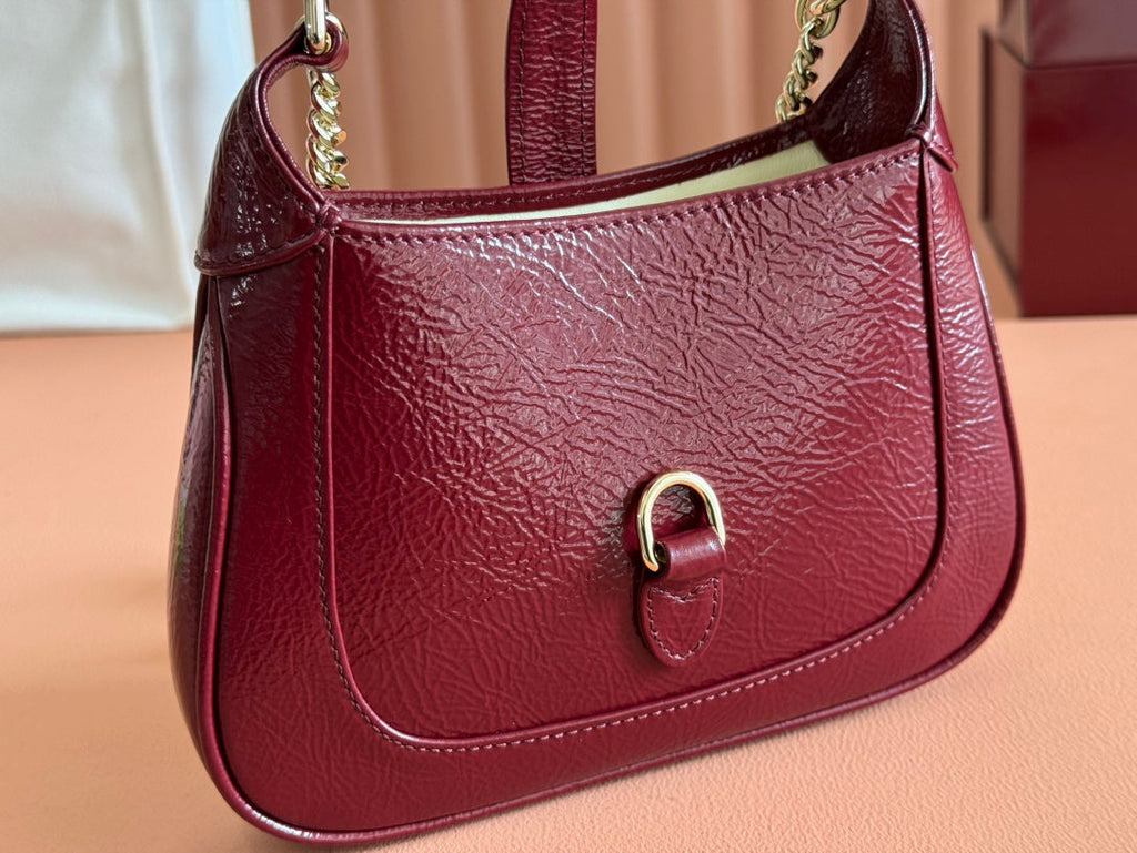 JACKIE NOTTE MINI BAG 19 IN RED WINE CRACKED LACQUER CALFSKIN GOLD HARDWARE