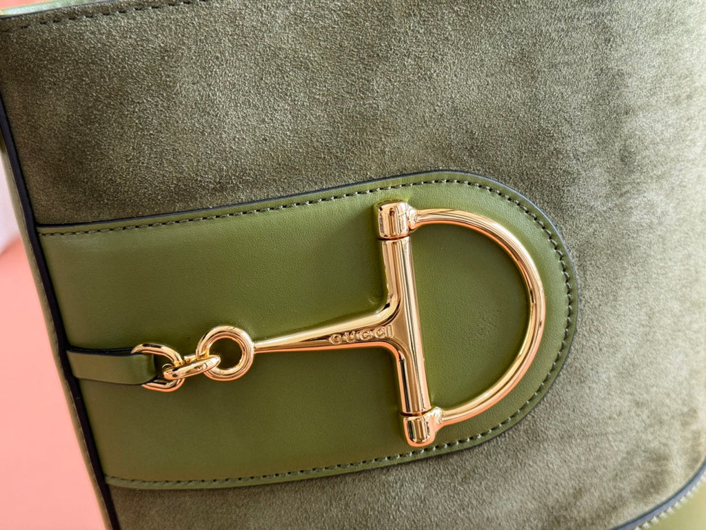 73 SMALL BUCKET BAG 20 IN GREEN SOFT SUEDE AND CALFSKIN