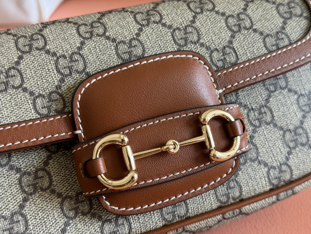 SMALL HORSEBIT 1955 SHOULDER BAG 22.6 IN BEIGE/EBONY GG WITH BROWN CALFSKIN TRIM