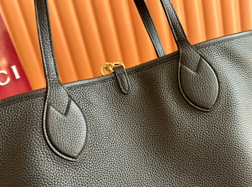 MEDIUM TOTISSIMA REVERSIBLE TOTE BAG 30 IN BLACK CALFSKIN BEIGE AND BROWN GG CANVAS ON SIDE