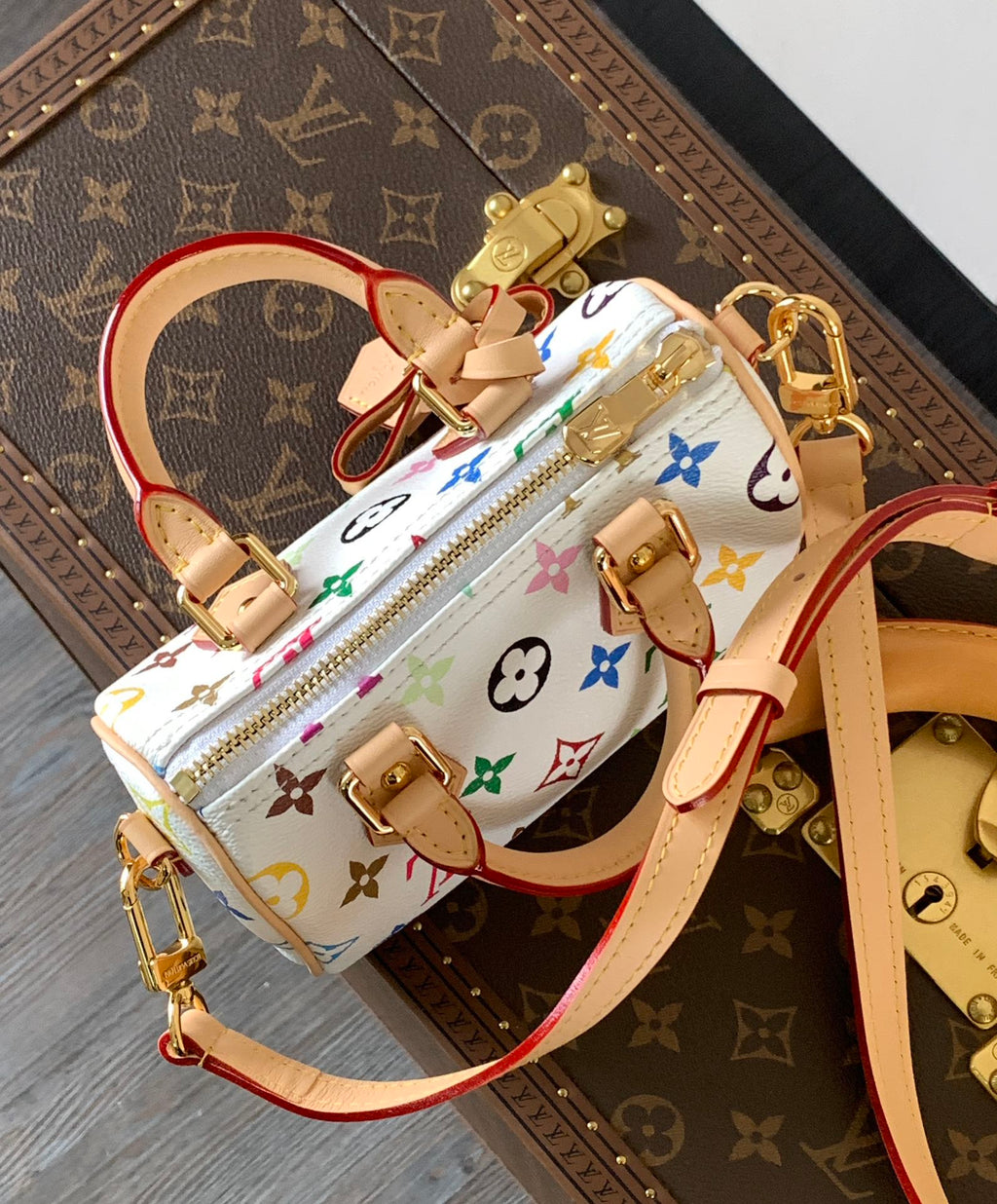 NANO SPEEDY BAG 16 IN COLORFUL MONOGRAM PATTERN AND WHITE COATED CANVAS