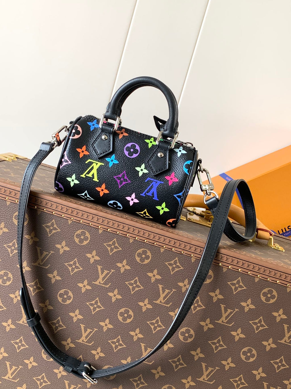 NANO SPEEDY BAG 16 IN COLORFUL MONOGRAM PATTERN AND BLACK COATED CANVAS