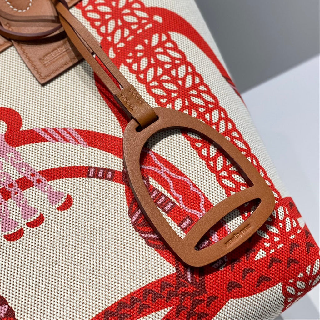 STEEPLE 28 BAG IN OFF-WHITE MIX RED CANVAS AND BROWN CALFSKIN