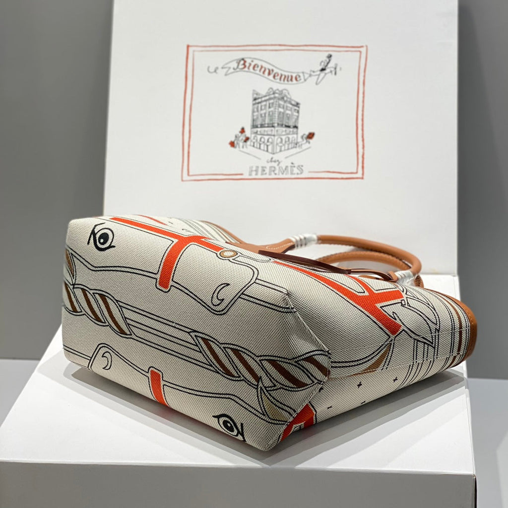STEEPLE 28 BAG IN BEIGE CANVAS AND BROWN SWIFT LEATHER